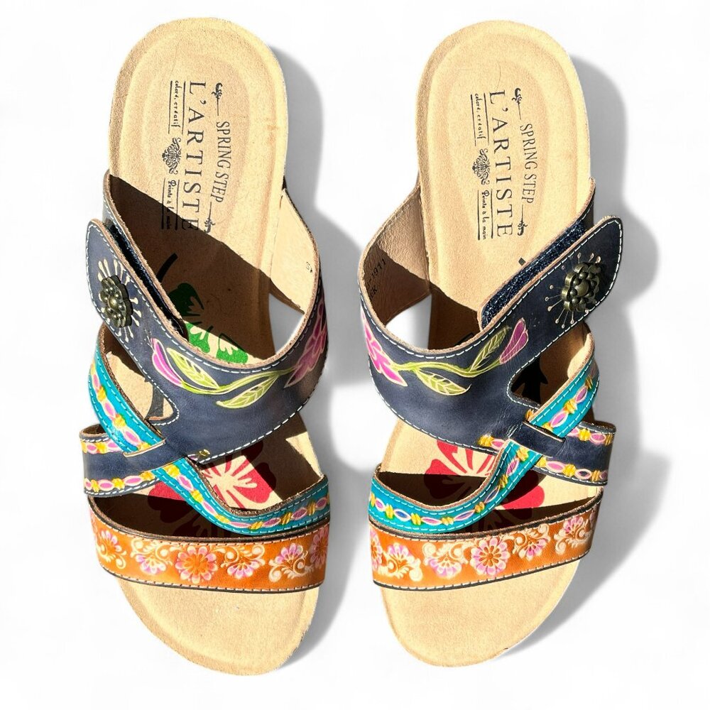 L'Artiste by Spring Step Swan Slide Sandals Hand Painted Leather size 41EU/9.5US